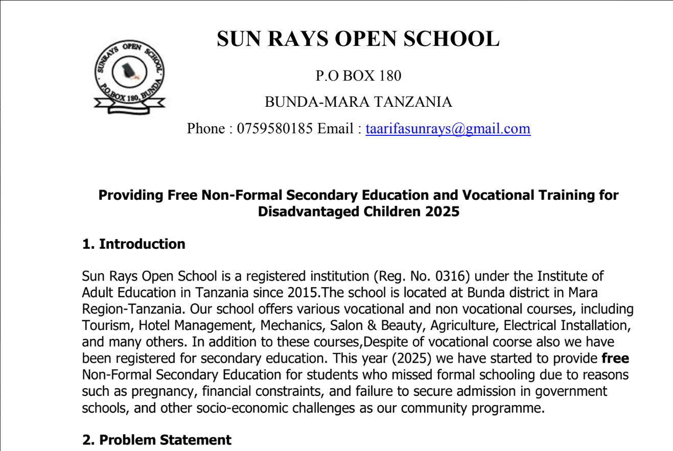 Sun Rays open school info